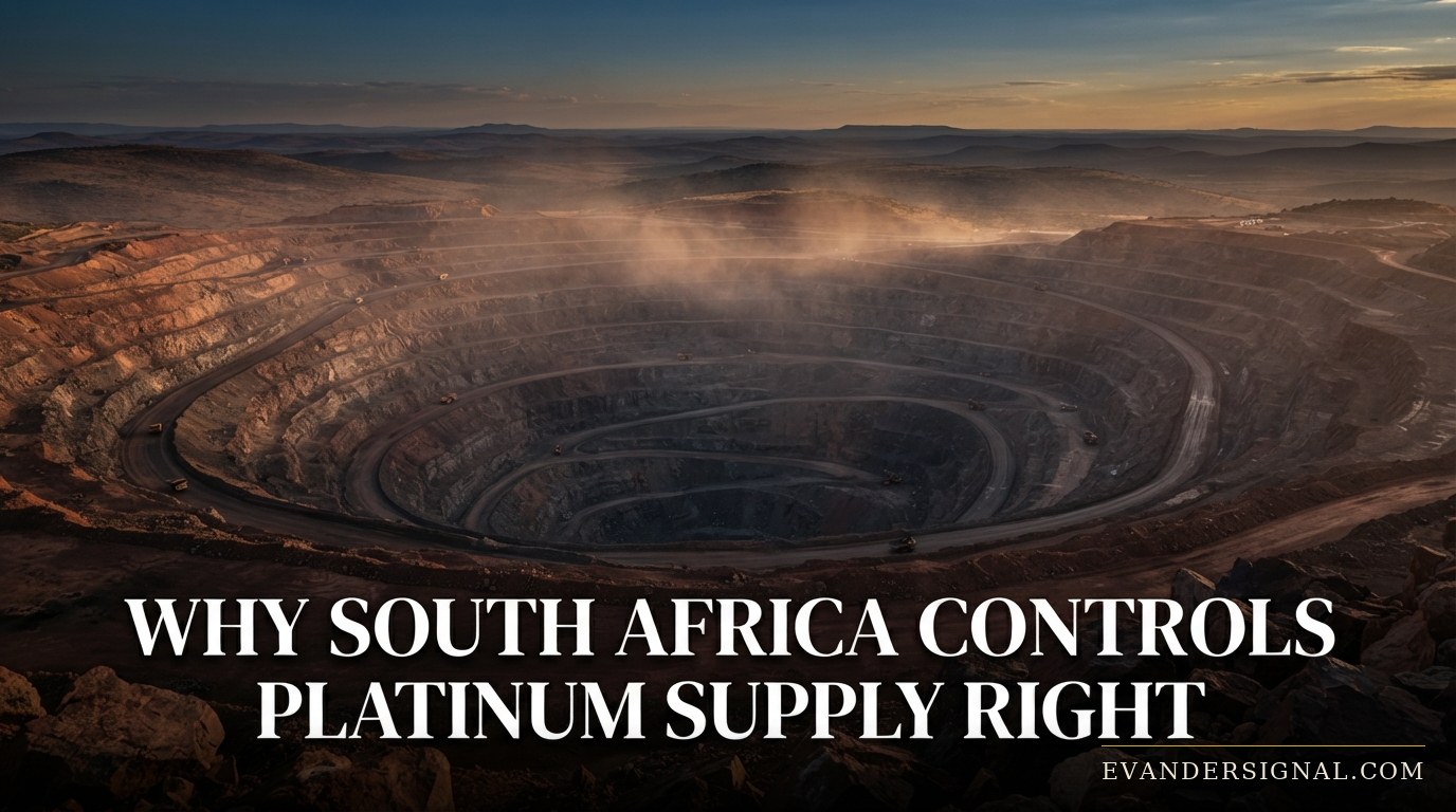 Aerial view at dusk of a deep terraced platinum mine in South African highveld terrain